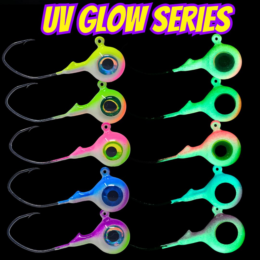 Halo UV GLOW jig, glow and UV jig set, UV jig heads, glow jig sets, red, pink, blue, purple, aqua green GLOW, walleye jigs, fishing jigs, fishing lures, leadheadjigs, lead jigs, UV