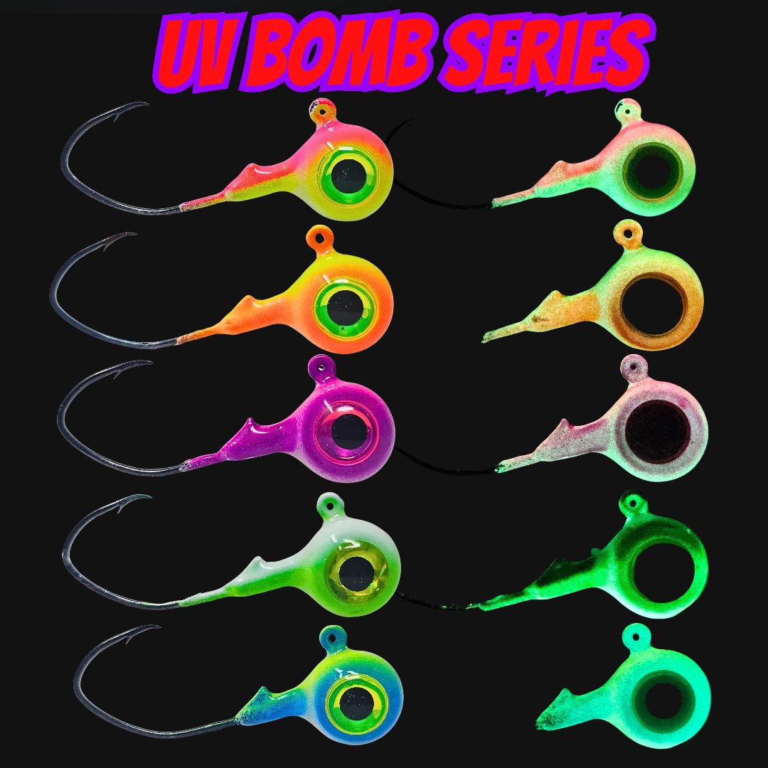 UV Bomb, UV Bomb jigs, UV Lures, UV jigs for jigging walleye, leadhead jigs, red, pink, blue, yellow GLOW jigheads, pike jigs, teardrop walleye jigs