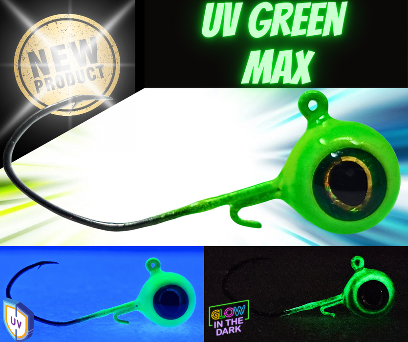 Canadian made UV green walleye jigs with a deadly hook upgrade and prismatic 3D eyes that provide just enough flash to attract a bite.