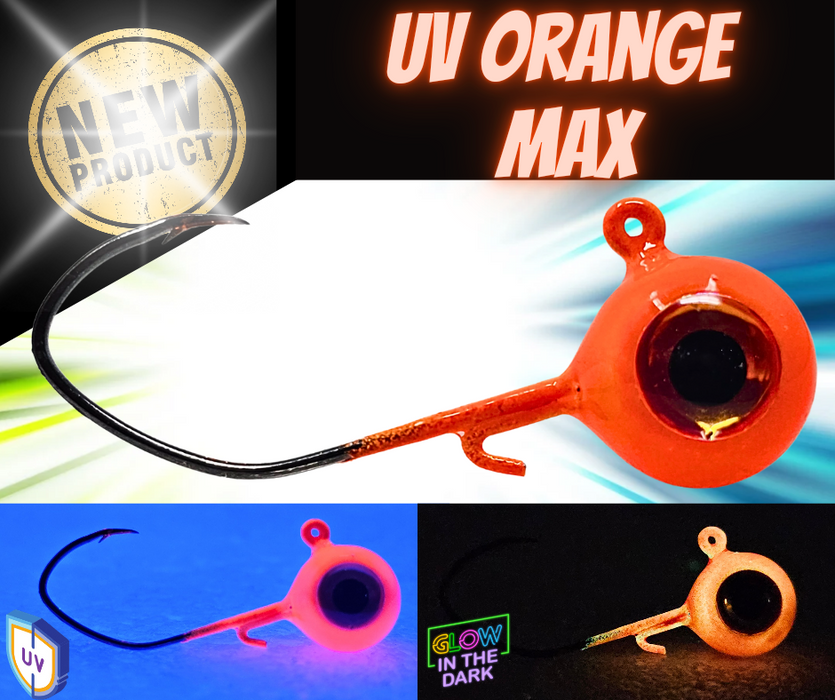 Best Canadian jigheads made to get results. Bright orange walleye jigs with upgraded sickle hooks, 3D eyes and extremely bright UV and Glow. Walleye fishing will never be the same once you tie one on.