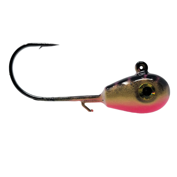 Walleye Crusher is our best purple walleye jig to date. It comes in teardrop or ultra Minnow and round head jighead styles. It also features a strong Mustad sickle hook and unique colour pattern. This makes it perfect for vertical jigging for walleye during ice fishing. If you're wondering what the best walleye jig is...the answer is our Walleye Crusher- side view.