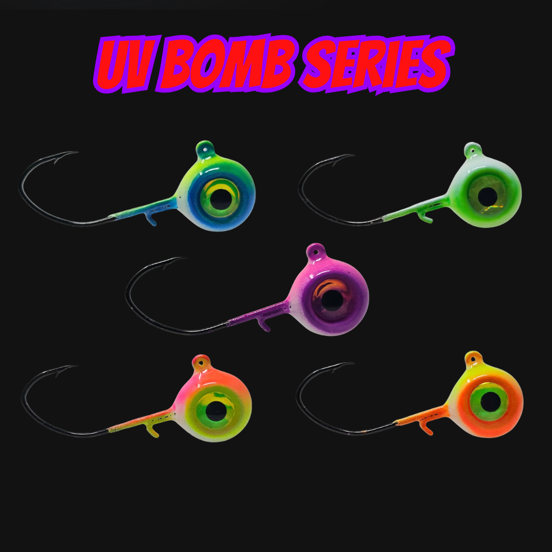UV Bomb, UV Bomb jigs, UV Lures, UV jigs for jigging walleye, leadhead jigs, red, pink, blue, yellow GLOW jigheads, pike jigs, teardrop walleye jigs