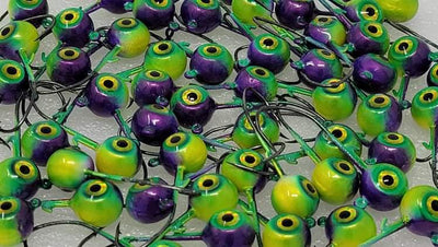 HCL OMEGA walleye Jig, poison iridescent colour, painted leadhead jig, round head jig, custom painted jigs, green walleye jigs