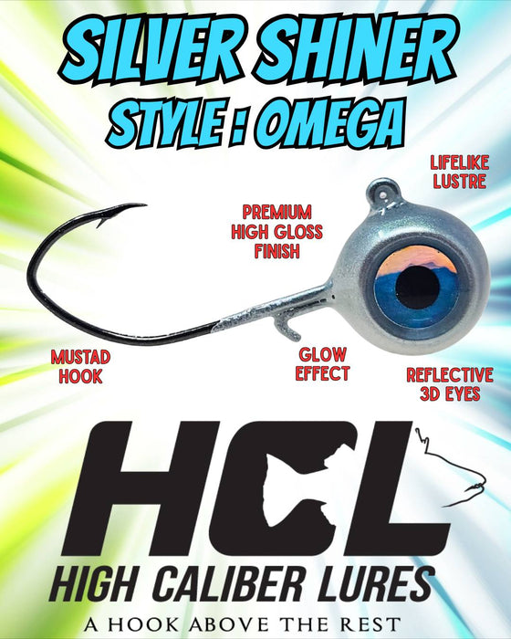 High Caliber Lures Silver Shiner Jig available in multiple sizes for ice fishing and open water