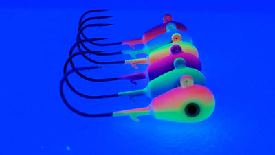 UV Bomb Glow Jigs, walleye jig heads, trout jigs