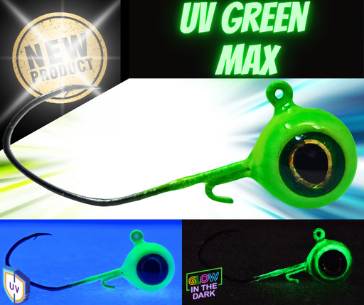 Canadian made UV green walleye jigs with a deadly hook upgrade and prismatic 3D eyes that provide just enough flash to attract a bite.