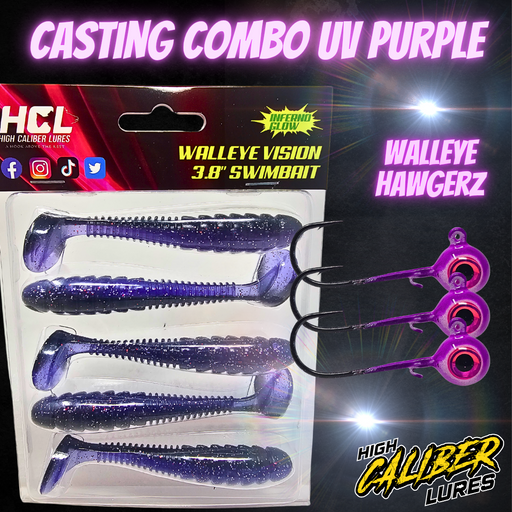 UV Glow Swimbait Plastics: Stand Out and Catch More Walleye. UV-enhanced and glow-in-the-dark plastics boost visibility in low light, deep water, or stained conditions.
Our Inferno Glow Walleye Vision plastics emit light after being charged by an external source, while UV plastics reflect ultraviolet light from the sun, making them highly visible to fish even in dark or deep environments. These features help attract fish when standard colors disappear in the depths, giving you an edge in tough conditions.