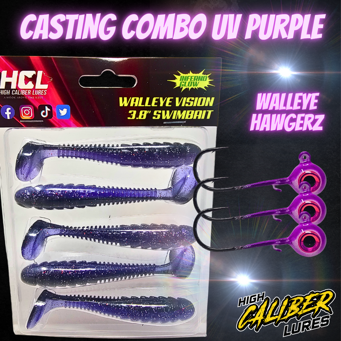 UV Glow Swimbait Plastics: Stand Out and Catch More Walleye. UV-enhanced and glow-in-the-dark plastics boost visibility in low light, deep water, or stained conditions.
Our Inferno Glow Walleye Vision plastics emit light after being charged by an external source, while UV plastics reflect ultraviolet light from the sun, making them highly visible to fish even in dark or deep environments. These features help attract fish when standard colors disappear in the depths, giving you an edge in tough conditions.