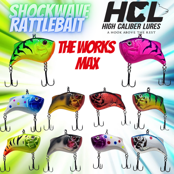 HCL Shockwave Lipless Crankbait 10-Pack The Works Max – complete walleye and pike rattle bait set