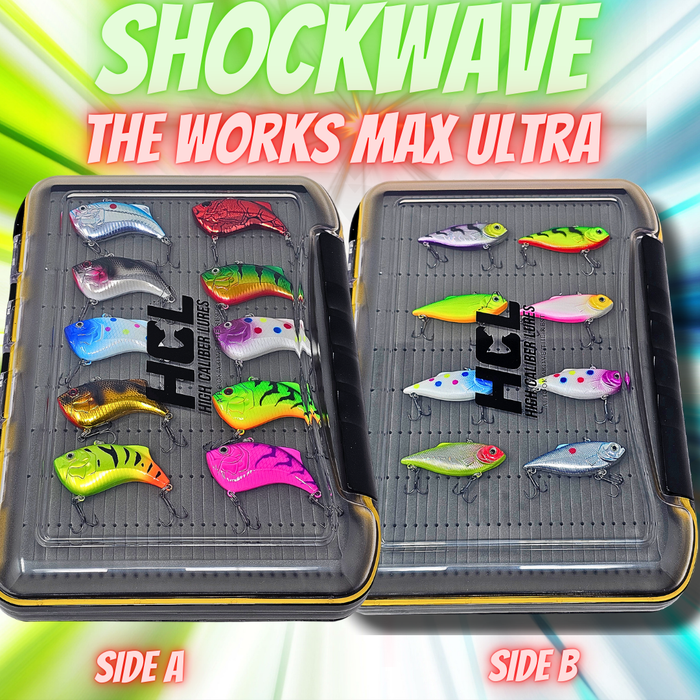HCL Shockwave Lipless Crankbait Full Case The Works Max Ultra – 18 walleye pike rattle baits in waterproof tackle case