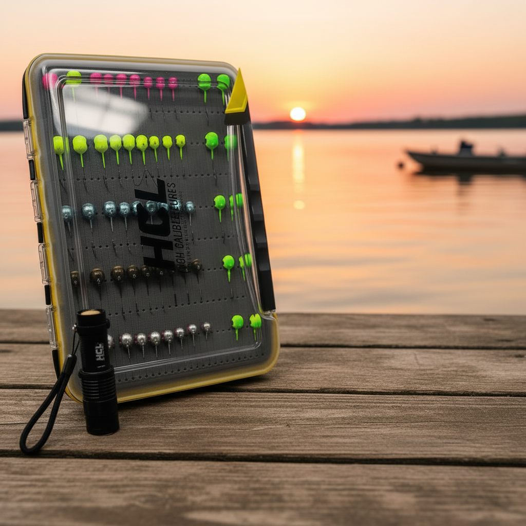 HCL UV Flashlight by High Caliber Lures – compact UV light that charges glow walleye jigs instantly for ice fishing and open water