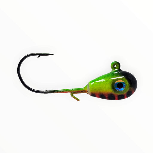 Green Hornet is our best fire tiger walleye jig to date. It comes in teardrop or round head jig styles. It also features a strong green UV glow & is perfect for vertical jigging for walleye in open water. If you're wondering what the best walleye jig is...the answer is our Green Hornet - side view.