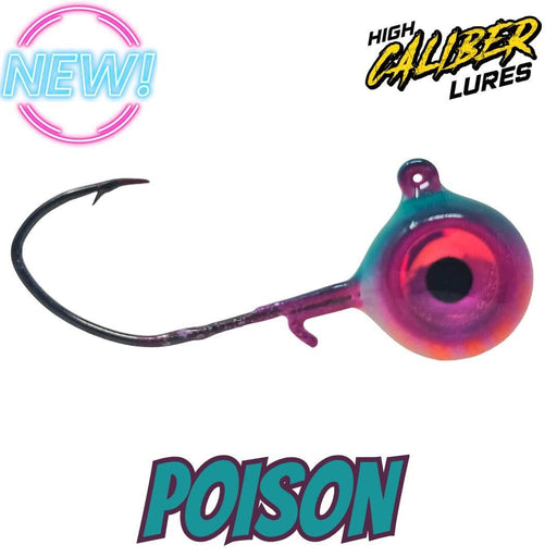 Poison Walleye Jig close-up showing razor-sharp Mustad sickle hook and vibrant hand-painted finish