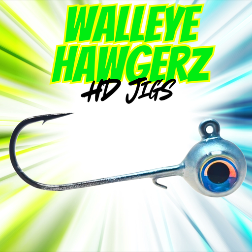 “Silver Shiner Walleye Hawgerz jig with Mustad long-shank hook and natural shiner flash.”
