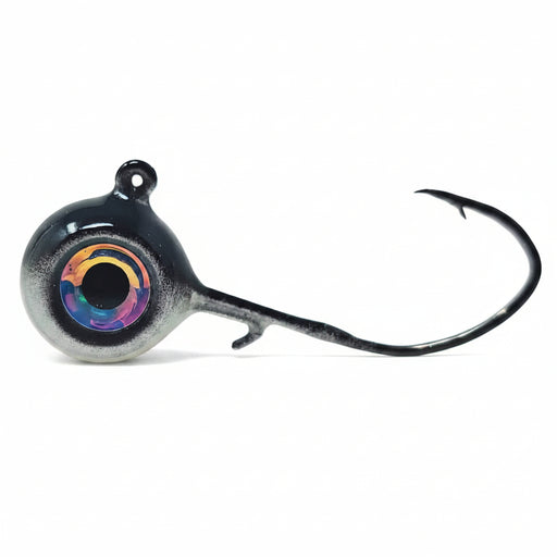 Shadow Shiner Walleye Jig close-up showing razor-sharp Mustad sickle hook and silver baitfish finish