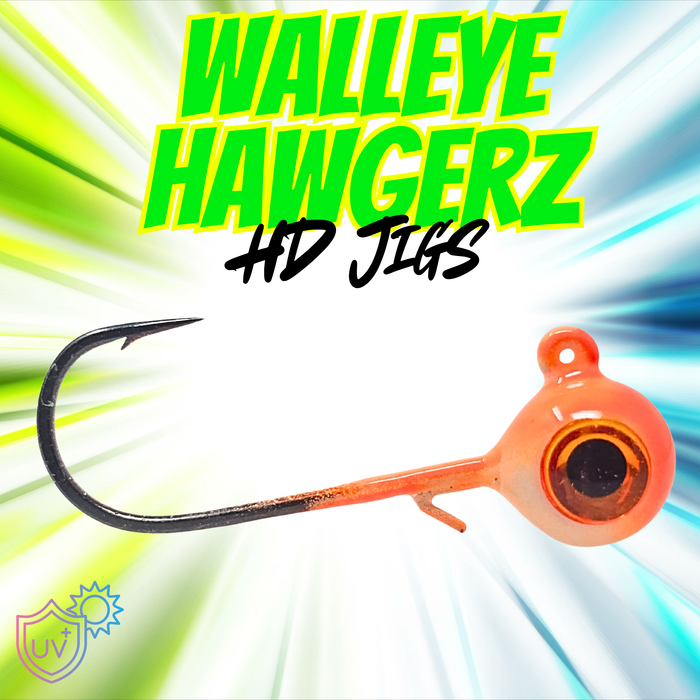 Walleye Hawgerz HD (Long Shank Jig) - UV Glow Orange Jig - 3 Pack