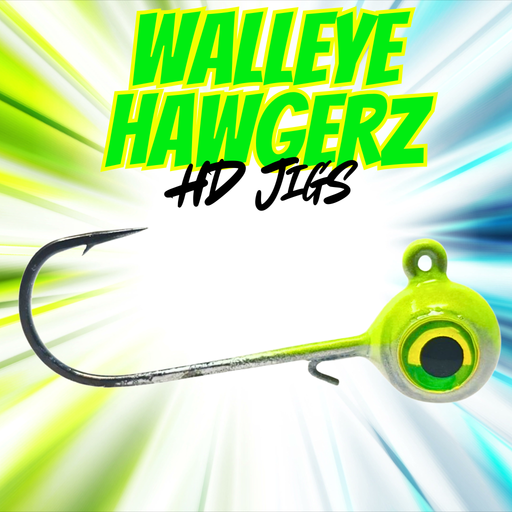 Fishing lure with 'Walleye Hawgerz HD Jigs' branding on a colorful background