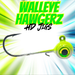 Fishing lure with 'Walleye Hawgerz HD Jigs' branding on a colorful background