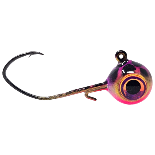 Walleye Crusher is our best purple walleye jig to date. It comes in teardrop or ultra Minnow and round head jighead styles. It also features a strong Mustad sickle hook and unique colour pattern. This makes it perfect for vertical jigging for walleye during ice fishing. If you're wondering what the best walleye jig is...the answer is our Walleye Crusher- side view.