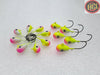 Chartreuse jig head, Aqua GLOW Jigs, Halo UV Glow Jigs, pink and chartreuse glow jigs with 3D eyes, Eagle Claw hooks, UV Glow lure, Teardrop and Ultra Minnow Glow Jig heads, perch pattern, custom walleye GLOW jigs, glow in the dark jigs