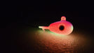 UV Bomb, UV GLOW red walleye jigs,  GLOW jigs, walleye jigs, GLOW jighead, custom jigs, fishing tackle, fishing lures, walleye glow jighead, pike glow jig, pike jighead, canadian made jigs, UV red glow jigs