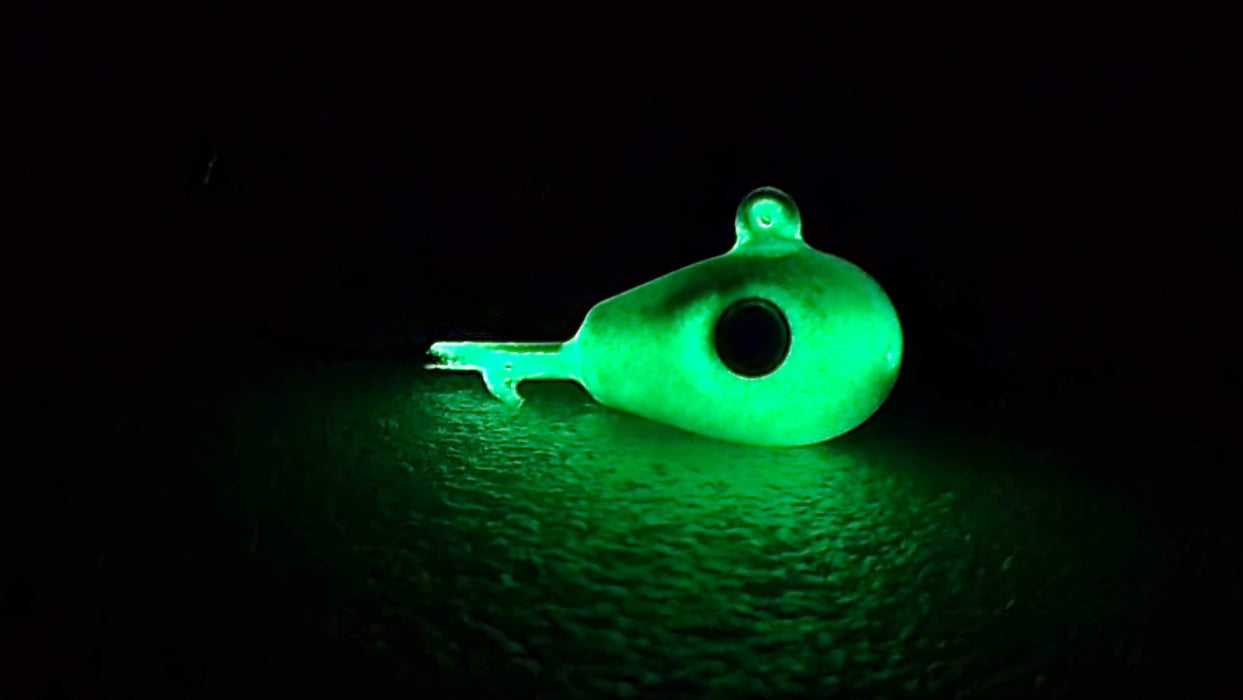 UV Bomb, UV GLOW green walleye jigs,  GLOW jigs, walleye jigs, GLOW jighead, custom jigs, fishing tackle, fishing lures, walleye glow jighead, pike glow jig, pike jighead, canadian made jigs, UV green glow jigs