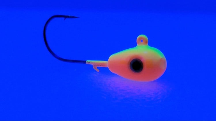 UV Bomb, UV GLOW walleye jigs,  GLOW jigs, walleye jigs, GLOW jighead, custom jigs, fishing tackle, fishing lures, walleye glow jig, pike glow jig, pike jig, canadian made jigs, UV glow jigs