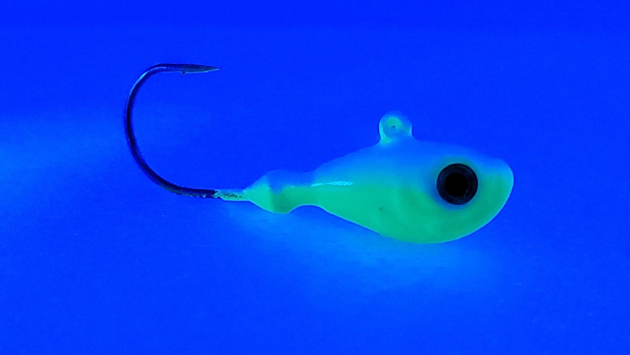 UV Bomb, UV GLOW green walleye jigs,  GLOW jigs, walleye jigs, GLOW jighead, custom jigs, fishing tackle, fishing lures, walleye glow jighead, pike glow jig, pike jighead, canadian made jigs, UV green glow jigs