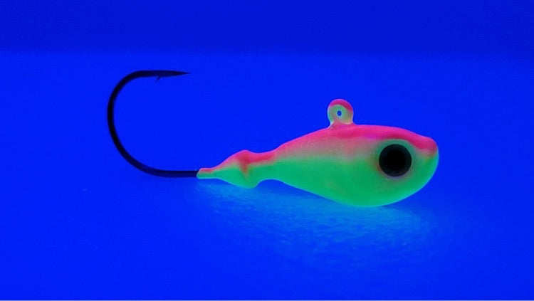 UV Bomb, UV GLOW chartreuse walleye jigs,  GLOW jigs, walleye jigs, GLOW jighead, custom jigs, fishing tackle, fishing lures, walleye glow jighead, pike glow jig, pike jighead, canadian made jigs, UV chartreuse glow jigs