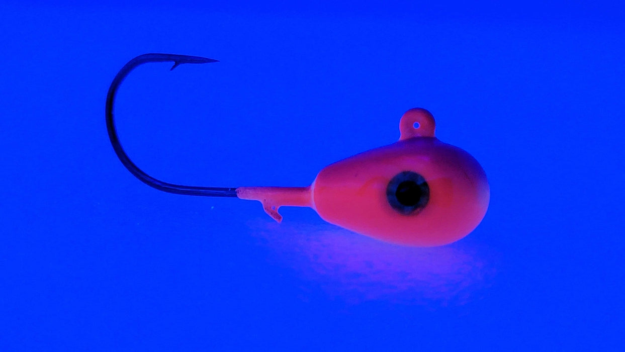 UV Bomb, UV GLOW red walleye jigs,  GLOW jigs, walleye jigs, GLOW jighead, custom jigs, fishing tackle, fishing lures, walleye glow jighead, pike glow jig, pike jighead, canadian made jigs, UV red glow jigs