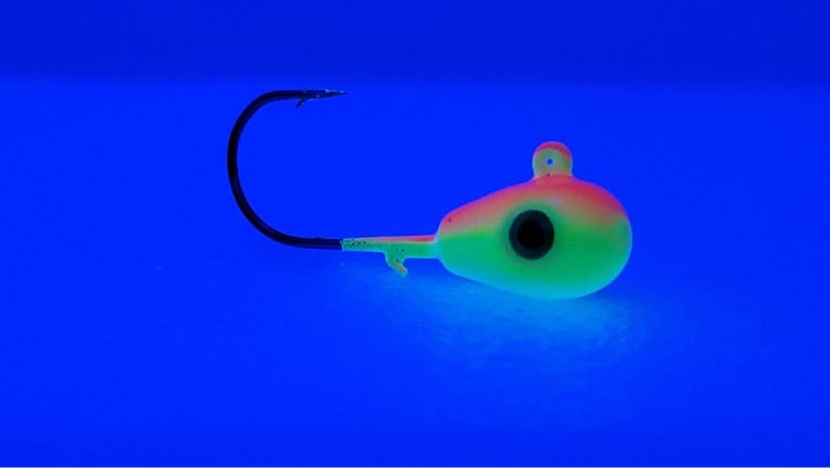 UV Bomb, UV GLOW chartreuse walleye jigs,  GLOW jigs, walleye jigs, GLOW jighead, custom jigs, fishing tackle, fishing lures, walleye glow jighead, pike glow jig, pike jighead, canadian made jigs, UV chartreuse glow jigs