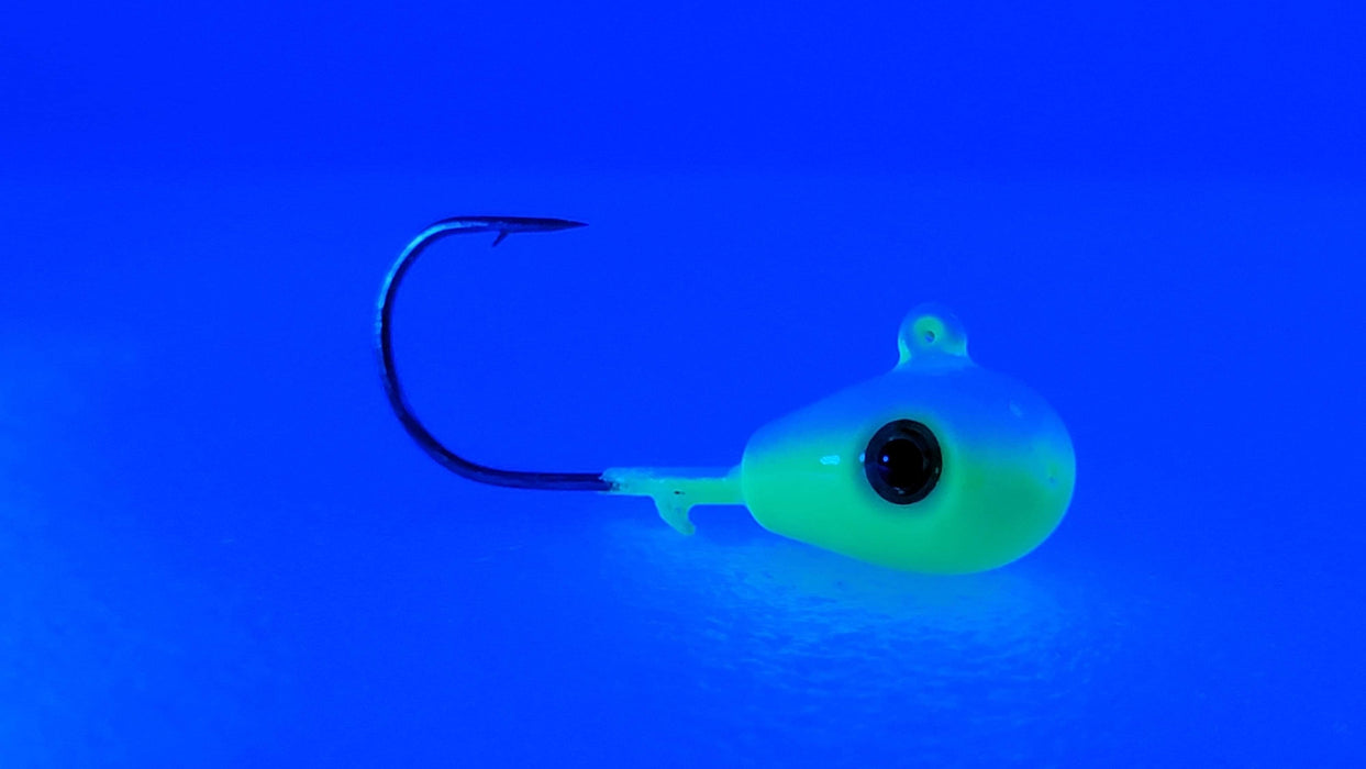 UV Bomb, UV GLOW green walleye jigs,  GLOW jigs, walleye jigs, GLOW jighead, custom jigs, fishing tackle, fishing lures, walleye glow jighead, pike glow jig, pike jighead, canadian made jigs, UV green glow jigs