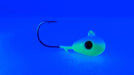 UV Bomb, UV GLOW green walleye jigs,  GLOW jigs, walleye jigs, GLOW jighead, custom jigs, fishing tackle, fishing lures, walleye glow jighead, pike glow jig, pike jighead, canadian made jigs, UV green glow jigs